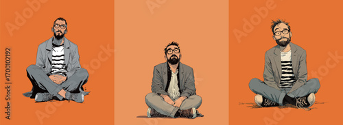 A man sits cross-legged on the ground, wearing glasses and a casual outfit. He appears deep in thought, with different expressions showcased.