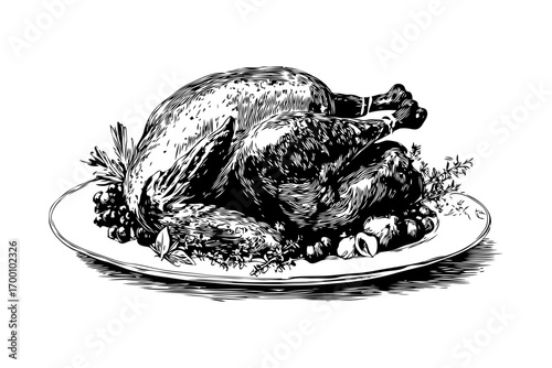 Whole roast turkey garnished with herbs on serving plate, vintage engraving style, white background. Concept of traditional holiday meal