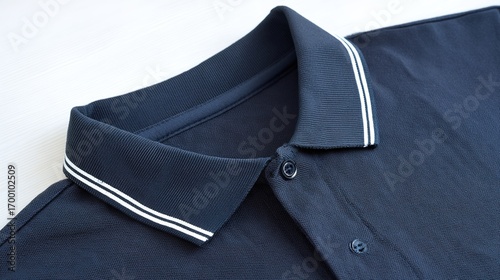 A navy short-sleeve polo shirt with ribbed details, showcasing classic casual wear.