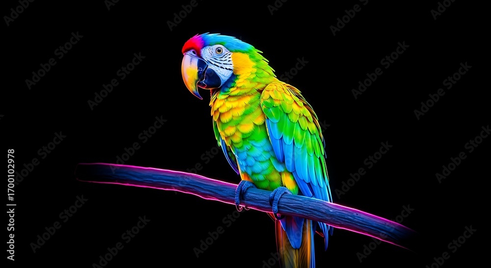 Fototapeta premium Vibrant macaw parrot perched on a neon branch against a stark black backdrop offering a striking visual contrast