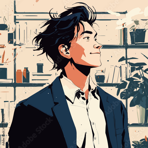 A young man with tousled hair stands confidently in a modern office. Shelves filled with plants and books create a vibrant backdrop. His expression reflects ambition and focus.