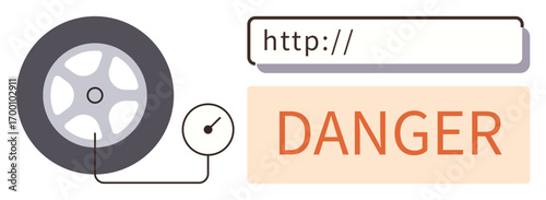 Tire and pressure gauge linked with a URL bar and Danger text highlight online safety. Ideal for cyber security, technology risk, web threats, alert systems, caution messages, vulnerability