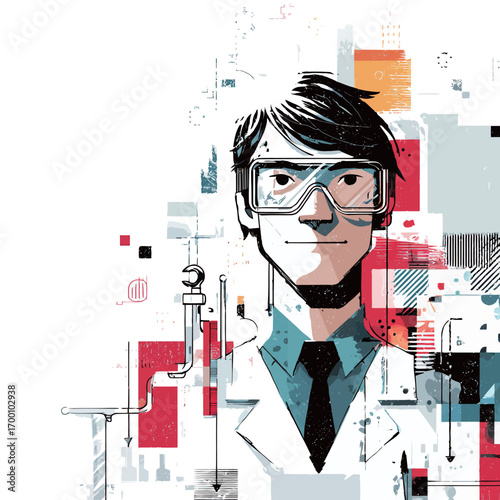 A confident scientist wearing glasses and a lab coat stands against an abstract background featuring bold shapes and laboratory symbols, representing innovation and research.