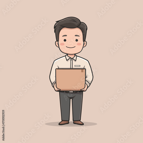 A cheerful delivery person stands straight, holding a cardboard box. He wears formal attire, smiling at the viewer. The background is simple and neutral, highlighting the subject.