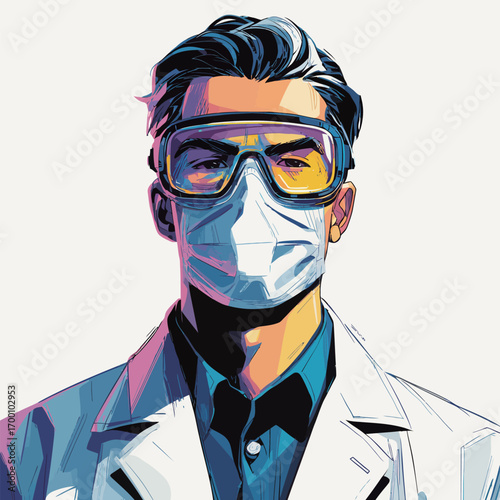 A healthcare professional wears glasses, a mask, and a lab coat, showing focus and readiness for a medical task in a clinical environment.