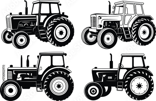 Vintage tractor illustrations, classic farm machinery drawings, black and white agricultural vehicle art, rural farming equipment, detailed agriculture graphic, retro countryside design elements