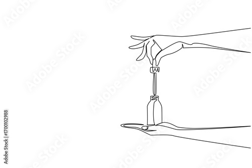 Hands using dropper with serum bottle are illustrated in one line drawing style, symbolizing skincare business concept, beauty treatments, and highlighting natural care on National Clean Beauty Day.