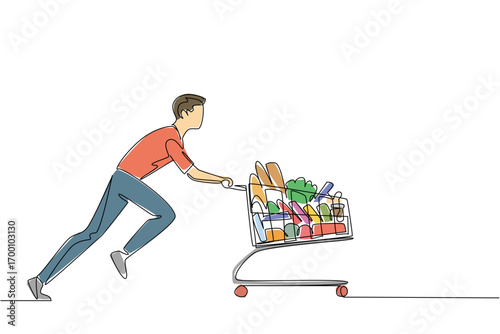 A young man pushes a grocery cart full of goods in continuous line drawing style, highlighting the retail shopping business concept and customer culture for Shopping Cart Day event.