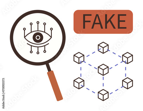 Magnifying glass with digital eye analyzing blockchain, fake tag, network nodes. Ideal for fraud detection, AI, blockchain, data analysis, cybersecurity verification transparency. Simple flat