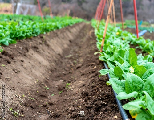 Spinach field rows, irrigation system