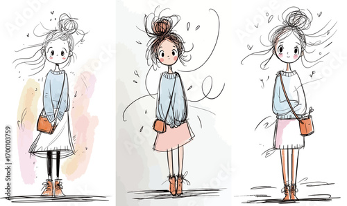 A young girl stands confidently in a casual outfit with a bun hairstyle. Her outfit is complemented by an orange bag. The background suggests a windy day.