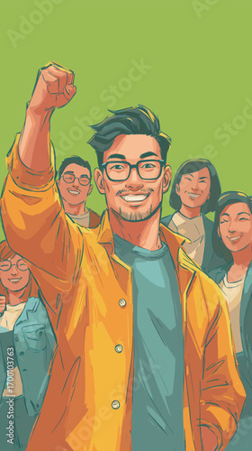A cheerful group of young adults smiles and raises their hands in celebration, enjoying a bright, vibrant atmosphere. They show camaraderie and positivity together.