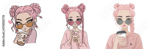 A young woman with vibrant pink hair is sipping bubble tea while wearing fashionable sunglasses. She has a playful expression, creating a fun atmosphere.