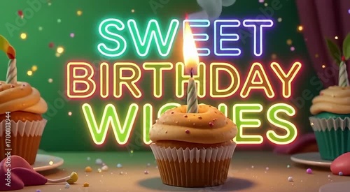 Festive cupcakes with lit candles and neon 