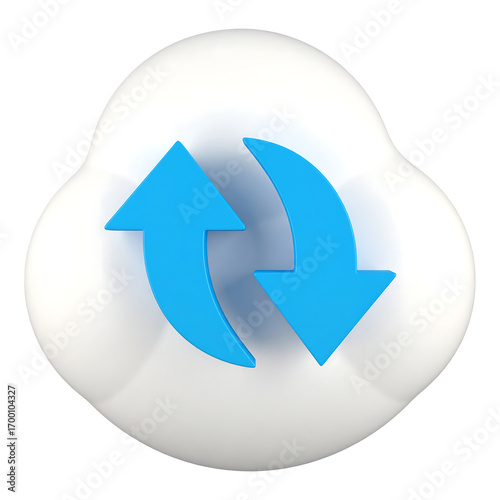 A 3D rendered white glossy cloud icon with two blue arrows indicating data synchronization or transfer, isolated on a white background.