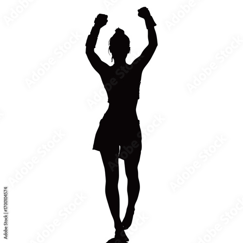 A victorious fighter stands in a triumphant pose with raised fists, showcasing strength and determination. The silhouette emphasizes the moment of celebration.