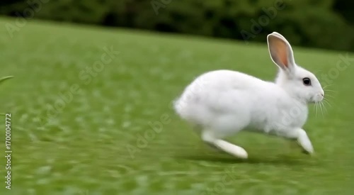Energetic white rabbit bounding across a vibrant green meadow