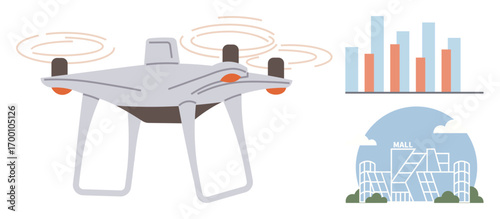 Flying quadcopter with spinning rotors, data graph for analysis, and futuristic mall architecture. Ideal for technology, data, urban development, innovation, retail logistics research. Simple flat