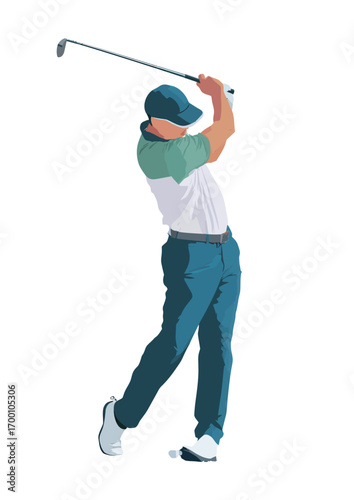 A golfer is mid-swing on a lush green course, dressed in a colorful shirt and cap, showcasing technique and focus during a bright day filled with activity.