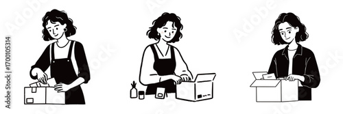 A woman is busy packing boxes with different items in a tidy workspace. She displays focus and efficiency while arranging the contents.