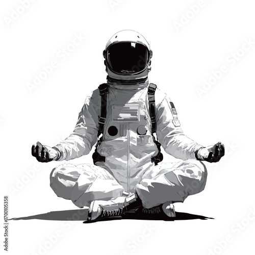 An astronaut sits in a crossed-leg position, meditating in a tranquil setting. The white space suit contrasts against a simple background, illustrating calmness.