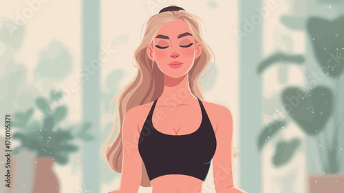 Calm and peaceful atmosphere as a young woman sits in a meditative pose surrounded by greenery. Soft light filters through the window, enhancing tranquility.