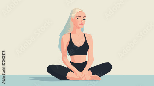 A young woman sits cross-legged on a soft surface, eyes closed, demonstrating mindfulness through yoga. Her long hair flows gently as she embraces tranquility.