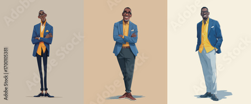 A confident man poses with crossed arms, showcasing different stylish outfits in vibrant colors on a neutral backdrop. His expressions radiate charm and sophistication.