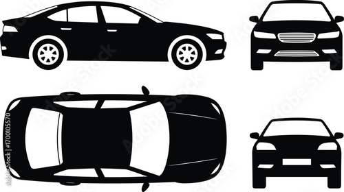 Car, silhouette, vehicle, automobile, transport, transportation, sedan, coupe, side, view, front, view, top, view, black, icon, design, shape, profile, model