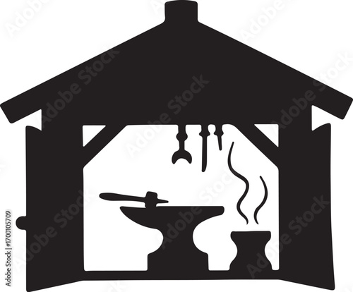 Blacksmith Workshop Silhouette A Craftsman's Haven of Fire and Steel Artistic Vector