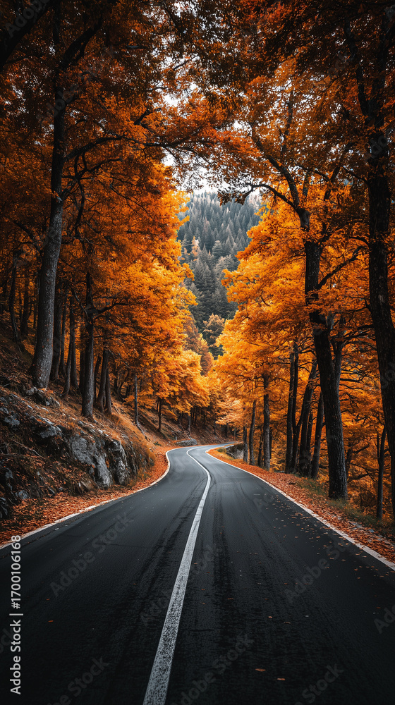 Obraz premium Autumn road through orange forest, autumn phone background, fall mobile wallpaper