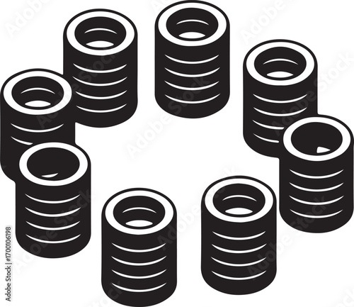 Stack of Tires Illustration for Automotive and Industrial Themes in Black and White