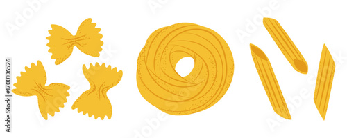 Set of various pasta shapes, ideal for cooking blogs, restaurant menus, or food packaging.