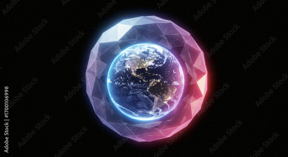 Obraz premium The planet Earth protected by a futuristic glowing crystalline shield, symbolizing a global network, data, and future technology