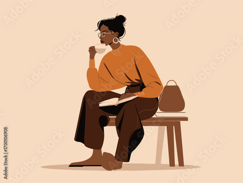 A young woman sits on a bench, sipping coffee and reading a book. She is dressed stylishly in an orange sweater and brown pants, creating a warm atmosphere.
