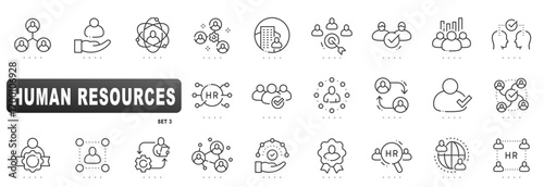 Human resources outline icon set covering recruitment, hiring, onboarding, training, performance analytics, team management, employee engagement, compliance, vector, editable stroke