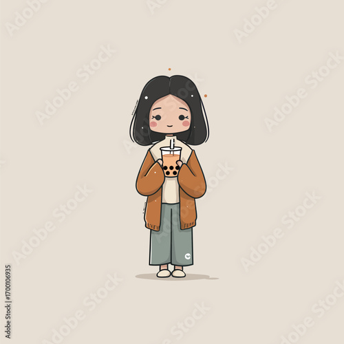 A girl stands cheerfully holding a drink, wearing a comfortable oversized cardigan and casual pants.