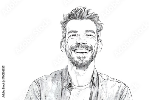 A joyful man with a beard smiles widely, showcasing happiness and positivity. The illustration emphasizes his facial features in a minimalist line art design.