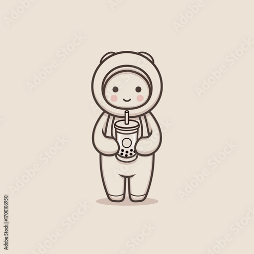 A playful character dressed in a bear costume stands cheerfully while holding a drink with a straw, creating an adorable vibe. The background is soft and neutral.