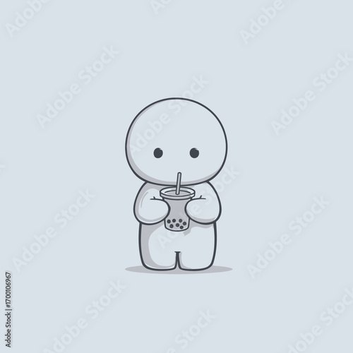 A simple cartoon figure stands with a drink in a minimalistic environment. The character appears content while sipping from the cup, emphasizing a playful atmosphere.