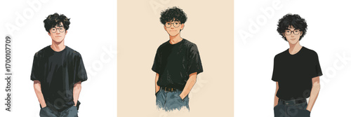 A young man with curly hair and glasses stands confidently in three artistic representations, showcasing his casual black t-shirt and relaxed demeanor.