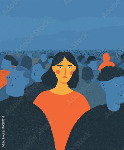 A person wearing a bright orange outfit stands alone amidst a crowd of shadowy figures at twilight. The contrast highlights individuality in a sea of sameness.