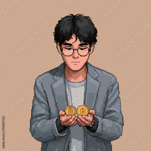 A young man with dark hair and glasses stands holding two Bitcoin tokens, showcasing an interest in cryptocurrency and technology.