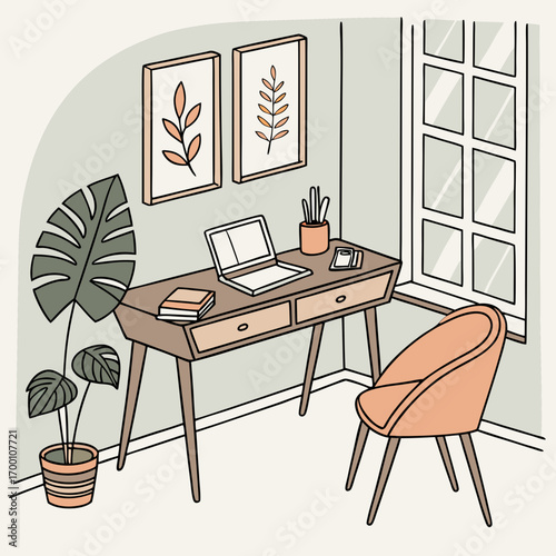 Complete modern home office environment: wooden desk, plants, paintings and open laptop.