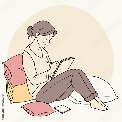 Woman in a relaxed position on the floor with a laptop and pillows around her.