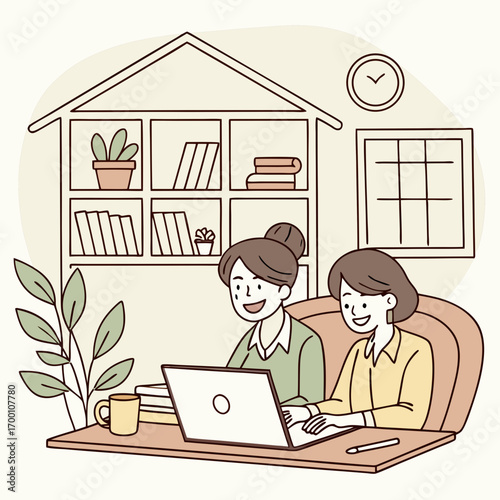 Home office with two smiling people working side by side at a shared desk.
