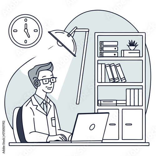 Man wearing glasses on a video call, sitting in an organized home office with a lamp.