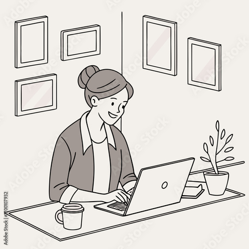 Smiling woman working on laptop with cup of coffee next to it, at minimalist table with plant.