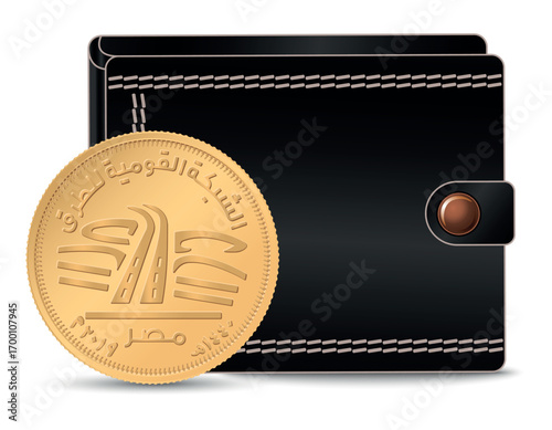 Egyptian money with a wallet in the background. 50 piastres 2019 National Roads Network. A 50 piastres coin next to the wallet.