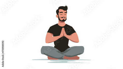 A man sits cross-legged with hands in prayer position, eyes closed, enjoying a moment of calmness and mindfulness indoors. The setting is peaceful and serene.